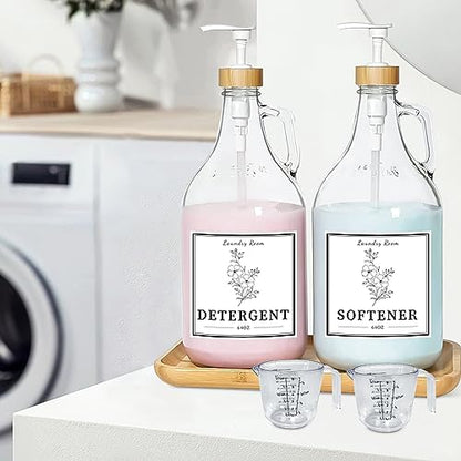 2 Pcs Glass Laundry Detergent Dispenser Bottle, Liquid Laundry Soap Dispenser for Laundry Room, 64oz Detergent Bleach Softener Dispenser for Farmhouse Decor, Includes Bamboo Pumps Tray Funnel Labels