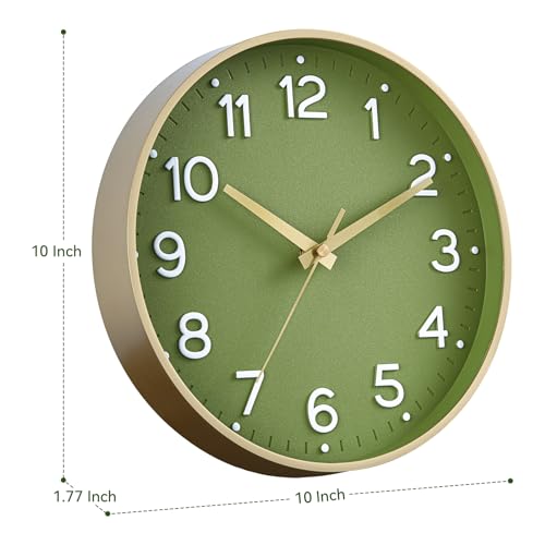 Roymnie 10 Inch Wall Clock Battery Operated Silent Non Ticking Green Analog | Green & gold modern analog; large 3D easy-read dial for kitchen, office, bathroom & bedroom; 1 AA battery (not included)