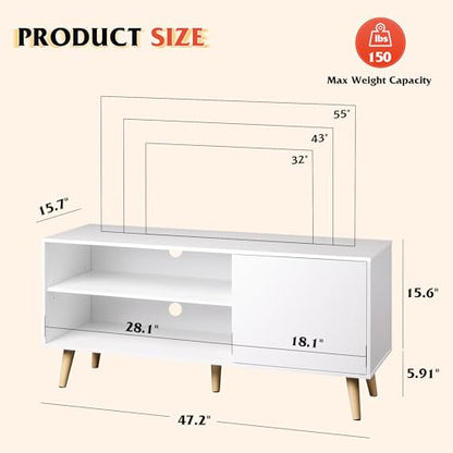 WLIVE TV Stand for 55 Inch TVs, Entertainment Center with Storage Cabinet, Mid-Century TV Stands for Living Room and Bedroom, 50" TV Console, White