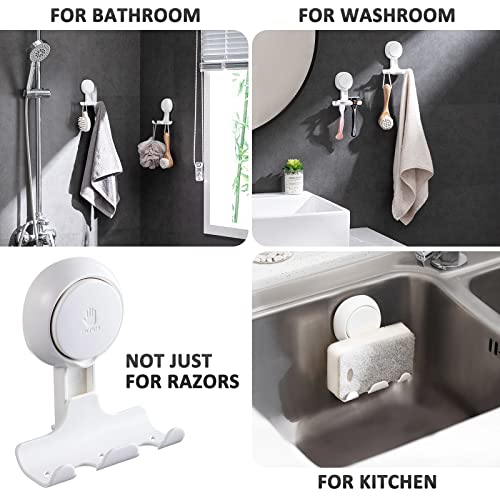 Razor Holder for Shower 2 Pack, Powerful Suction Cup Shower Hooks for Towel, Loofah, Razor, Squeegee, Damage-Free Wall Hooks, Shaver Holder for Bathroom, Easy to Install and Reuse, White