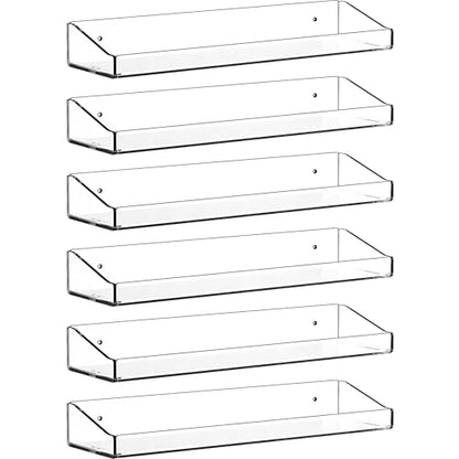 Clear Acrylic Shelves for Wall with Adhesive,6 PCS 15" No Drill Floating Shelves for Bedroom,Bathroom,Wall Display Shelf for Funko Pop,Lego,Collectibles,Action Figures,Nail Polish,Perfume Shelf