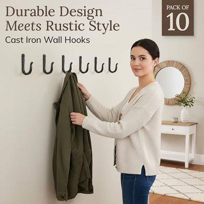 Railroad Spike Cast Iron Hooks (10 Pack) Handmade Blacksmith, Wall Mounted Farmhouse Decorative Hooks, PowderCoated for Interior or Exterior Use, Rust Proof for Hanging Coats, Bags or Pots (Black)