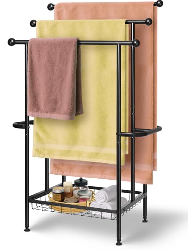 Freestanding Towel Rack for Bathroom, Pool & Outdoor, 3-Tier 39" Metal | Rust-resistant metal towel drying rack with storage basket, designed for oversized towels 24.4" L x 13" W x 39" H