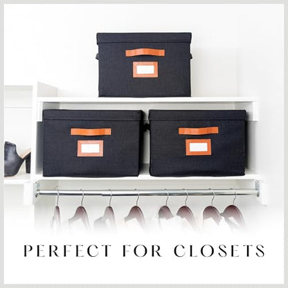 3 Pack Large Fabric Storage Boxes with Lids (15.75" x 11.25" x 11.25") - Decorative Bin with Lid, Label Holder, Faux Leather Handles - Large Storage Boxes for Organizing Clothes, Blankets - Black