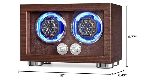 ANWBROAD Double Automatic Watch Winder, Watch Winder for Automatic Watches | 4 Modes, LED Light, Rotating Watch Box with Super Quiet Motor with Type-C Adapter, Dual Watch Winder Box (Brown), UJWW004M