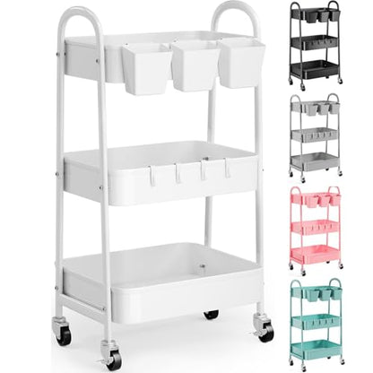 3 Tier Heavy Duty White Metal Rolling Cart with Lockable Wheels, Three Tiered Roller Book Snack Cart, Utility Storage Organizer Shelf Carts for Bathroom, Baby Diaper Caddy, Craft, Art,Cleaning,Teacher