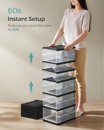 SONGMICS Foldable Shoe Boxes, Stackable Shoe Storage Organizer | Pack of 18, Portable, Fit up to US size 13, 60s Assembly, Transparent and Ink Black ULSP207B01