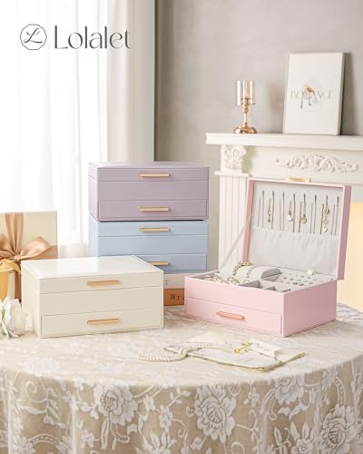 Lolalet 2-Layer Jewelry Box Organizer Holder for Women Girls Mom -Beige | Jewelry Storage Case with Drawers for Necklaces Ring Earrings Bracelet Watch, Gifts Choice for Mom Mother’s Day