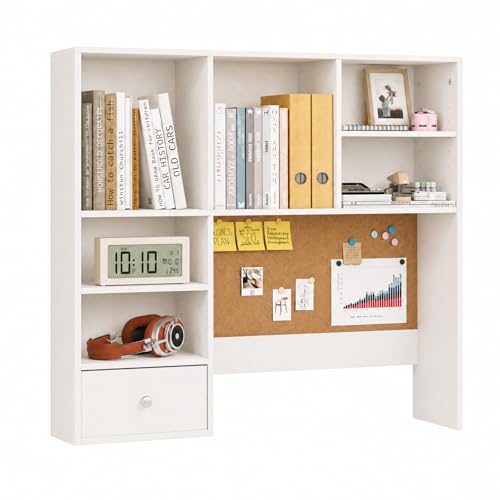 Desk Hutch Dorm with Cork Board, Shelves and Drawe... (White | Engineered Wood)
