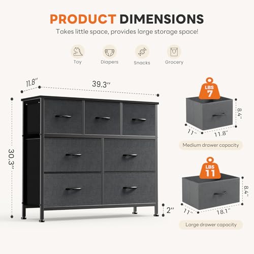 Sweetcrispy 7 Drawer Dresser for Bedroom Storage with Fabric Bins, Gray | Anti-Tip Closet Organizer, Wooden Top and Sturdy Steel Frame, Spacious Drawers for Clothes Storage, Hallway Entryway