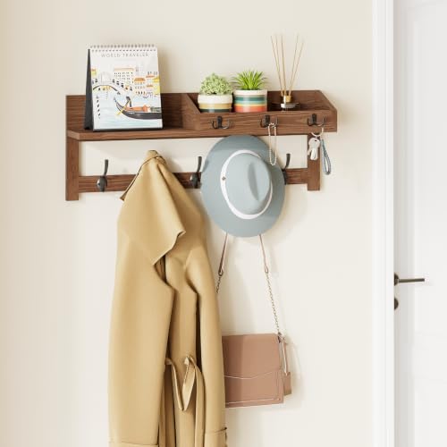 Wall Hooks with Shelf, 26.57 Inch Entryway Wood Coat Hooks for Wall with Shelf, Coat Rack Wall Mount with 5 Dual Hooks 3 Key Hooks Mail Organizer and Key Rack Holder (Brown)