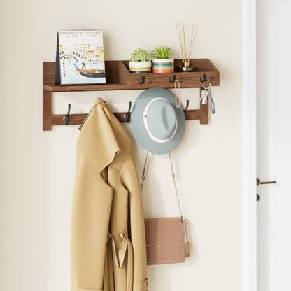 Wall Hooks with Shelf, 26.57 Inch Entryway Wood Coat Hooks for Wall with Shelf, Coat Rack Wall Mount with 5 Dual Hooks 3 Key Hooks Mail Organizer and Key Rack Holder (Brown)