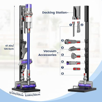 PickPiff Vacuum Stand Compatible with Dyson Gen5 V15 V12 V11 V10 V8 V7 V6, Freestanding Metal Vacuum Holder, Holds 8 Attachments, Weighted Anti-Tip Base, Space-Saving Storage Rack