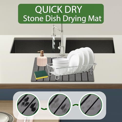 Stone Dish Drying Mat for Kitchen Counter,Large Dark Gray Foldable Diatomaceous Earth Dish Drying Mat,Quick-Dry Absorbent Bath & Countertop Stone Dishes Mats for Dishes Bottles Cups 23"x15.3"