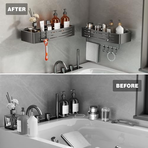 Shower Caddy Suction Cup, 2 Pack Shower Shelves for Inside Shower No Drilling, Aluminum Suction Showers Organizer with Towel Bar & Hooks Removable Bathroom Shelf Storage Rack(Gray)