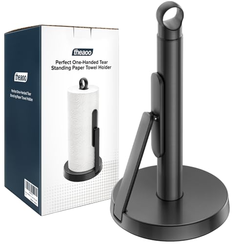 theaoo Heavy-Duty Paper Towel Holder with Tension Arm, Countertop(1, Black) | Easy One-Handed Tear, Modern Stainless Steel Countertop Paper Towel Dispenser for Kitchen, Holds Standard and Jumbo Rolls