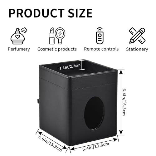 Tissue Box Cover Square Tissue Box Holder PU Leather Facial Tissues Organizer with Storage Tray for Bathroom Vanity Bedroom Office Car, Stylish Napkin Caddy Decorative Organizer (Black)