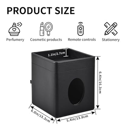 Tissue Box Cover Square Tissue Box Holder PU Leather Facial Tissues Organizer with Storage Tray for Bathroom Vanity Bedroom Office Car, Stylish Napkin Caddy Decorative Organizer (Black)