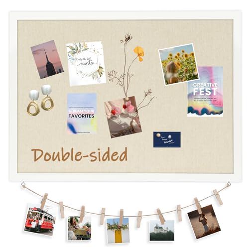 DOLLAR BOSS Double-Sided Bulletin Boards with Linen, 24"x18" Cork Board | Corkboards for Walls, Framed Pin Board, Picture Display Vision Board, For Office Home School, 20 Pushpins 10 Clips