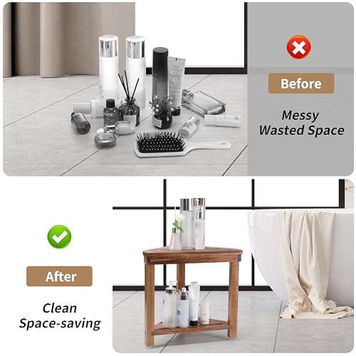 Shower Foot Rest 14in, Acacia Wood Shower Stool for Shaving Legs, Waterproof Corner Shower Stool with Storage Shelf for Inside Small Shower Spaces, Wood Color