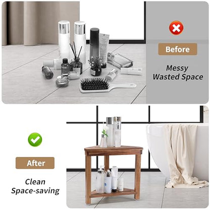 Shower Foot Rest 14in, Acacia Wood Shower Stool for Shaving Legs, Waterproof Corner Shower Stool with Storage Shelf for Inside Small Shower Spaces, Wood Color