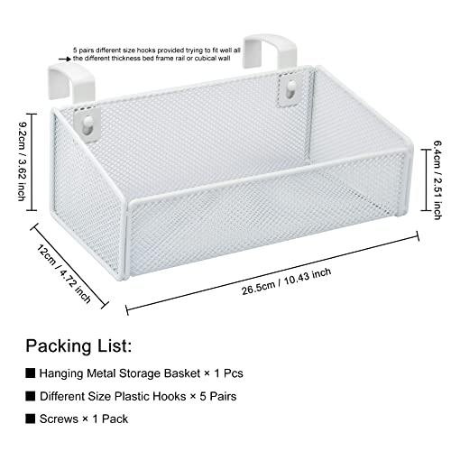 Bedside Caddy Hanging Storage Basket Beside Shelf Metal Organizer for Collage Dorm Bunk Bed,Hospital Bed,Baby Bed - Bedroom Essentials for Magazine,Remote Control,Phone,Drinks (White)