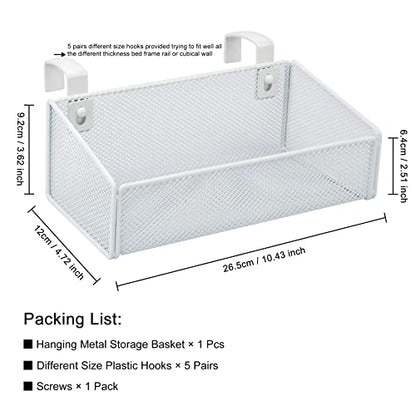 Bedside Caddy Hanging Storage Basket Beside Shelf Metal Organizer for Collage Dorm Bunk Bed,Hospital Bed,Baby Bed - Bedroom Essentials for Magazine,Remote Control,Phone,Drinks (White)