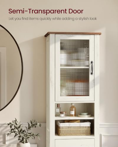 VASAGLE LIRY Collection -Tall Bathroom Cabinet, Farmhouse Freestanding Storage Cupboard with Drawer and Doors, Narrow Space Saver, 15.7 x 12.4 x 67.3 inch, Rustic White and Honey Brown, UBBK760W101S