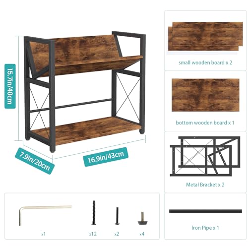Desktop Bookshelf, 2 Tier Desk Shelf Organizer, Wooden Tabletop Bookcase, Small Desk Top Book Rack for Office, Home, Bedroom, Small Space Storage and Display, Rustic Brown