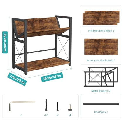 Desktop Bookshelf, 2 Tier Desk Shelf Organizer, Wooden Tabletop Bookcase, Small Desk Top Book Rack for Office, Home, Bedroom, Small Space Storage and Display, Rustic Brown