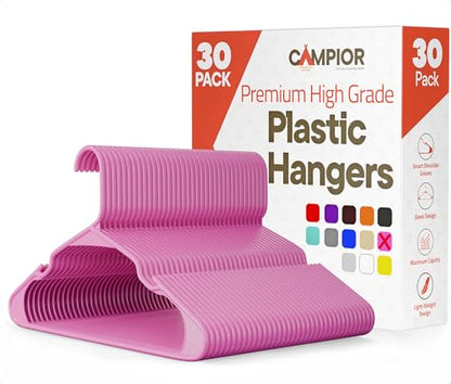 Pink Plastic Hangers 30 Pack– Heavy-Duty Plastic Hangers Slim and Space-Saving, Durable and Lightweight PP with Non-Slip Shoulder Notches for Slip Dresses, Suits, Jackets & Camisoles