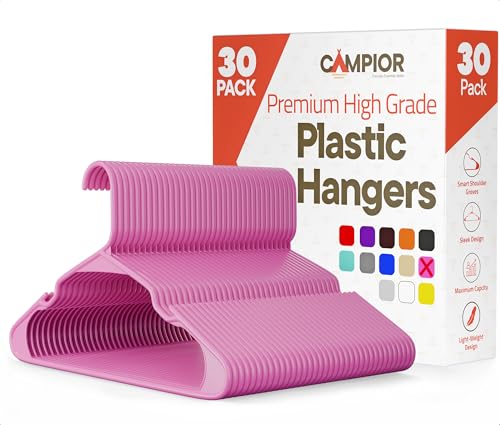Pink Plastic Hangers 30 Pack– Heavy-Duty Plastic Hangers Slim and Space-Saving, Durable and Lightweight PP with Non-Slip Shoulder Notches for Slip Dresses, Suits, Jackets & Camisoles