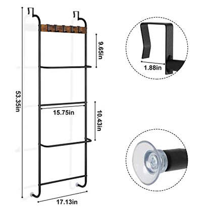 Over the Door Towel Rack Over The Door Towel Bar for Bathroom | Back of Door Towel Rack, 5 Tier Over The Door Towel Bar with Hooks, Black Door Rack Hanger, Stable Suction Cup Design