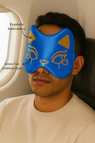 Cute Silk Sleep Mask Cat Eye mask for Sleeping Embroidered Adjustable Oversized Eye Cover Egyptian Bastet Blindfold with Gift Box（Nefertari Blue-Elastic Strap）