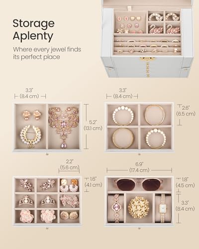 SONGMICS Jewelry Box Organizer, 5-Layer with 4 Drawers, Cream White | Jewelry Storage Case with Lock and Mirror, Large Storage Capacity, for Necklaces, Watches, Gift for Loved Ones UJBC153WD01S