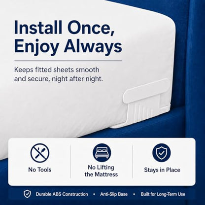 Bed Sheet Holders, Corner Fasteners, 8 Count, White | Easy-install corner fasteners help secure fitted sheets on most mattresses; includes 8 white holders.