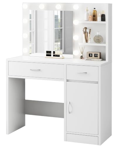 LIVELYGLOW 35.4" White Makeup Vanity Desk with 10 Hollywood Light Bulbs | Dimmable Lighting, Large Mirror, Storage Cabinet
