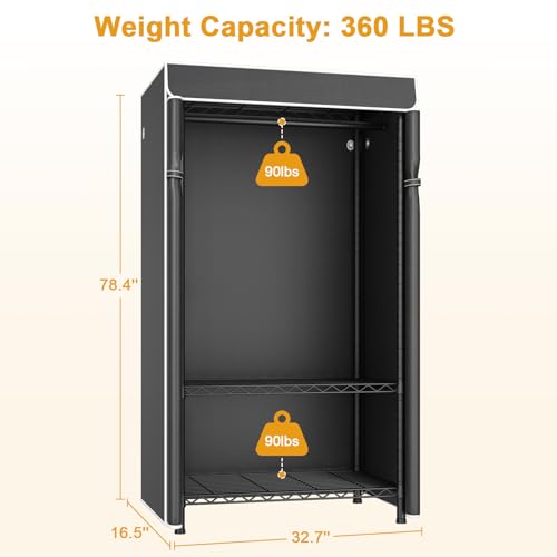 H5C Clothes Rack with Cover, Covered Clothing Rack Heavy Duty | Garment Rack with Shelves, 3-Tier Portable Closets for Hanging Clothes, Max Load 360LBS, Black Closet Racks with Black Cover