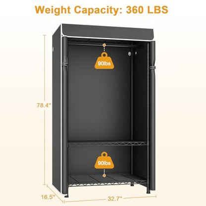H5C Clothes Rack with Cover, Covered Clothing Rack Heavy Duty | Garment Rack with Shelves, 3-Tier Portable Closets for Hanging Clothes, Max Load 360LBS, Black Closet Racks with Black Cover