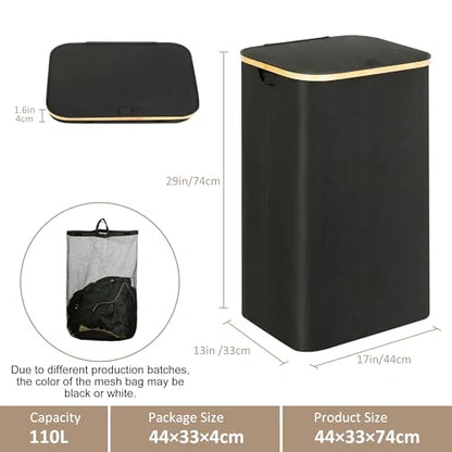 IEGrow Laundry Hamper with Lid, 110L Laundry Basket with Bag,Black | Dirty Clothes Hamper Basket with Bamboo Handle for Clothes Towels Organization