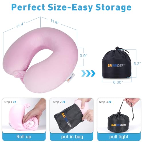 SAIREIDER Travel Neck Pillow 100% Memory Foam, Airplane Rest Prevents Head from Falling Forward, Plane Accessories with Storage Bag, Sleep Mask and Earplugs (Pink)