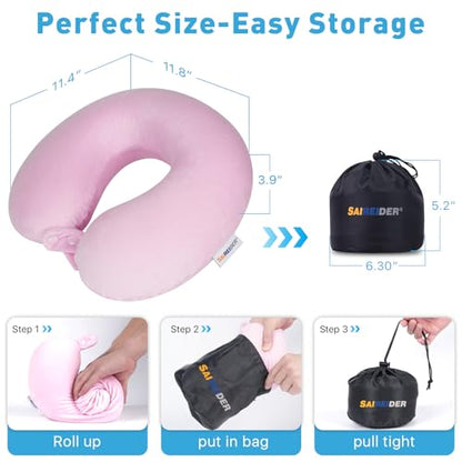 SAIREIDER Travel Neck Pillow 100% Memory Foam, Airplane Rest Prevents Head from Falling Forward, Plane Accessories with Storage Bag, Sleep Mask and Earplugs (Pink)
