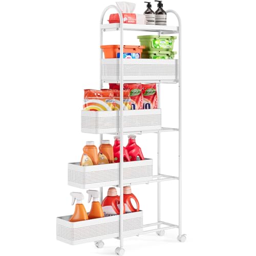 5 Tier Slim Rolling Cart with Drawer, Metal Utilit... (White | Metal)