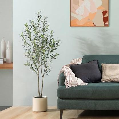 Artificial Olive Trees, 5 ft Tall Fake Olive Trees for Indoor | Faux Olive Silk Tree with White Planter,Large Olive Plants for Home Decor and Housewarming Gift, 1 Pack