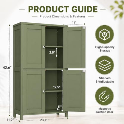 Nuturelly Bathroom Floor Storage Cabinet, 4 Doors, Anti-Tip, Pale Green | 23.7"D x 11.9"W x 42.6"H, Adjustable Shelves, Shaker style, 5-position Shelves, Rounded Corners, Easy Assembly