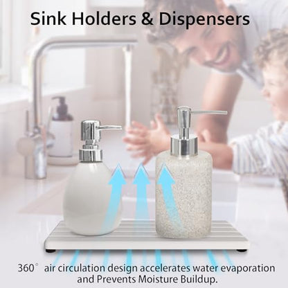2 PCS Water Absorbing Stone Trays for Bathroom Sink & Kitchen Counter, Fast-Drying Diatomite Sink Caddy, Vanity Tray, Hand Soap Holder with Anti-Skid Feet (White, 7.9" x 4"/20 x 10cm)