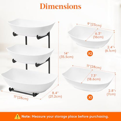 Lifewit Plastic Fruit Bowl for Kitchen Counter, 3 Tier Fruit Basket with Black Metal Stand, Tiered Fruit Holder for Countertop Serving Tray for Vegetable/Dessert in Party 28 x 21 x 35cm/11 x 8.4 x 14