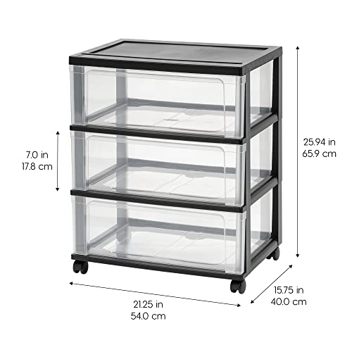 IRIS USA 3-Drawer Wide Storage Cart with Wheels, Organizer, Black | Store clothing, towels, office supplies, craft materials and household essentials with organized storage around your home