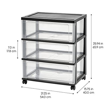 IRIS USA 3-Drawer Wide Storage Cart with Wheels, Organizer, Black | Store clothing, towels, office supplies, craft materials and household essentials with organized storage around your home