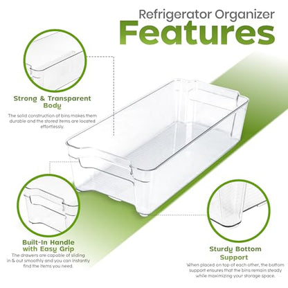 Utopia Home Plastic Stackable Storage Bins for Fridge, 8 Pack, Clear | Durable Plastic Storage Containers with Easy Grip Handles for Pantry, Kitchen Cabinets & Countertops